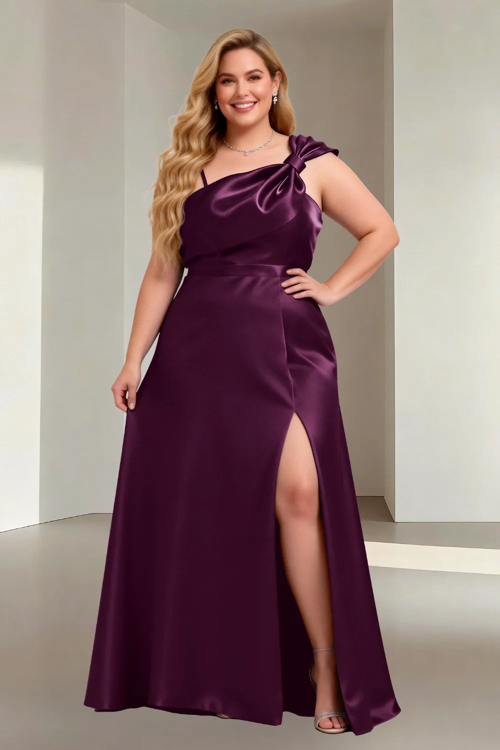 Plus Size One Shoulder Satin Formal Evening Dress with Slit
