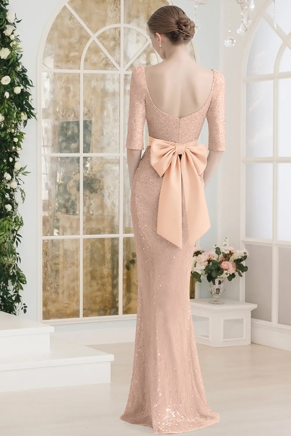 Sequin Square-Neck Elbow-Sleeve Mermaid Maxi Gown