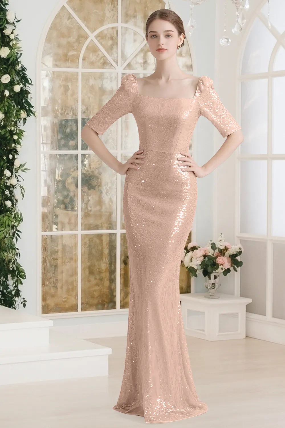 Sequin Square-Neck Elbow-Sleeve Mermaid Maxi Gown