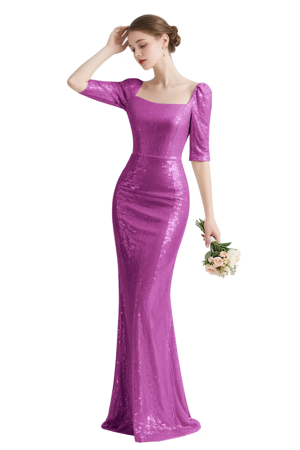 Sequin Square-Neck Elbow-Sleeve Mermaid Maxi Gown