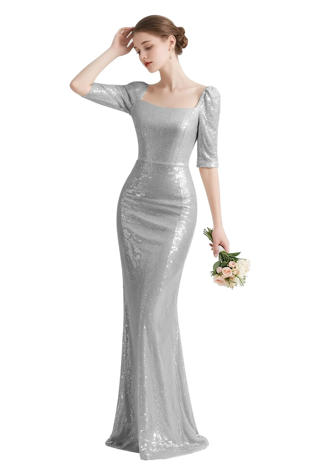 Sequin Square-Neck Elbow-Sleeve Mermaid Maxi Gown