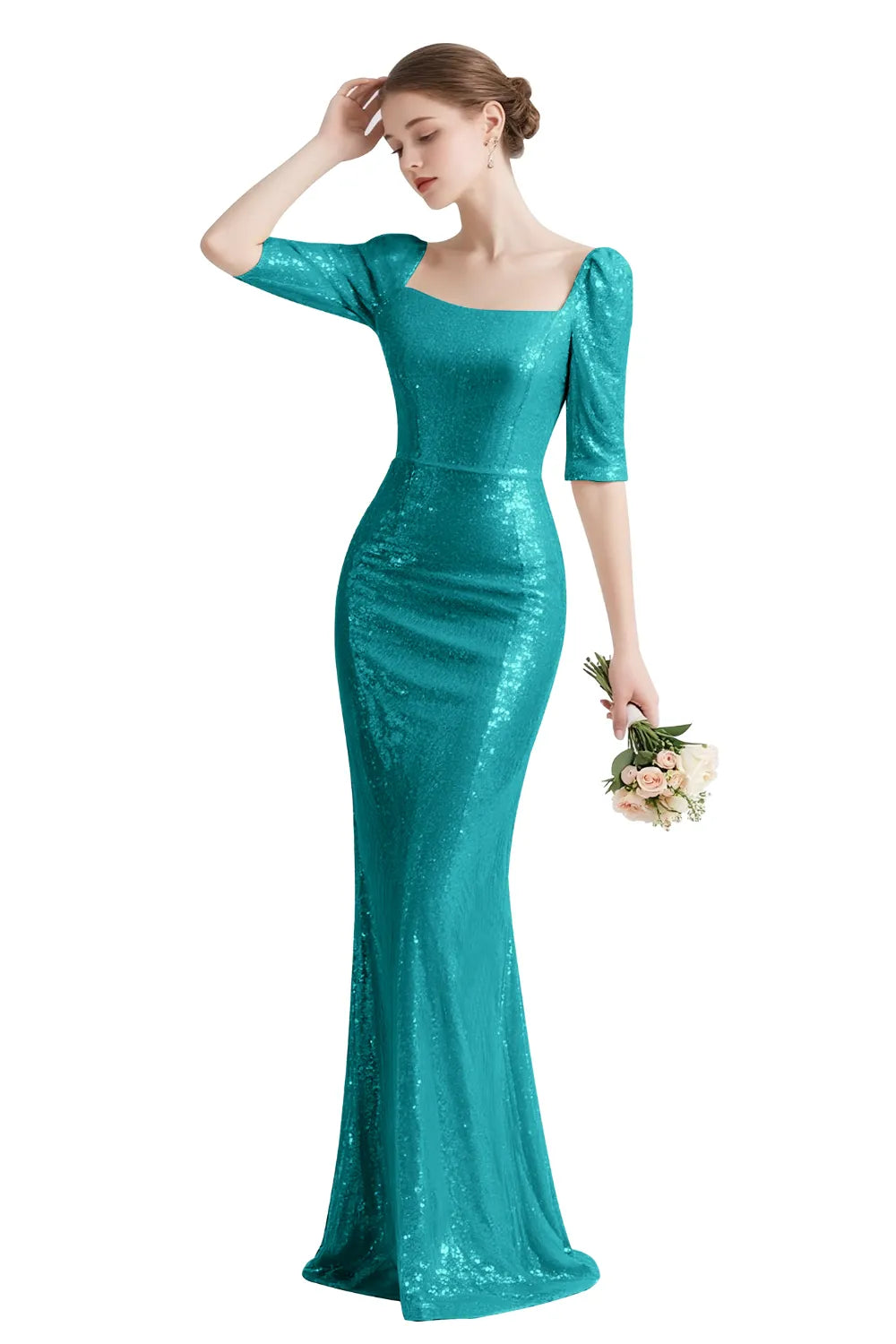 Sequin Square-Neck Elbow-Sleeve Mermaid Maxi Gown