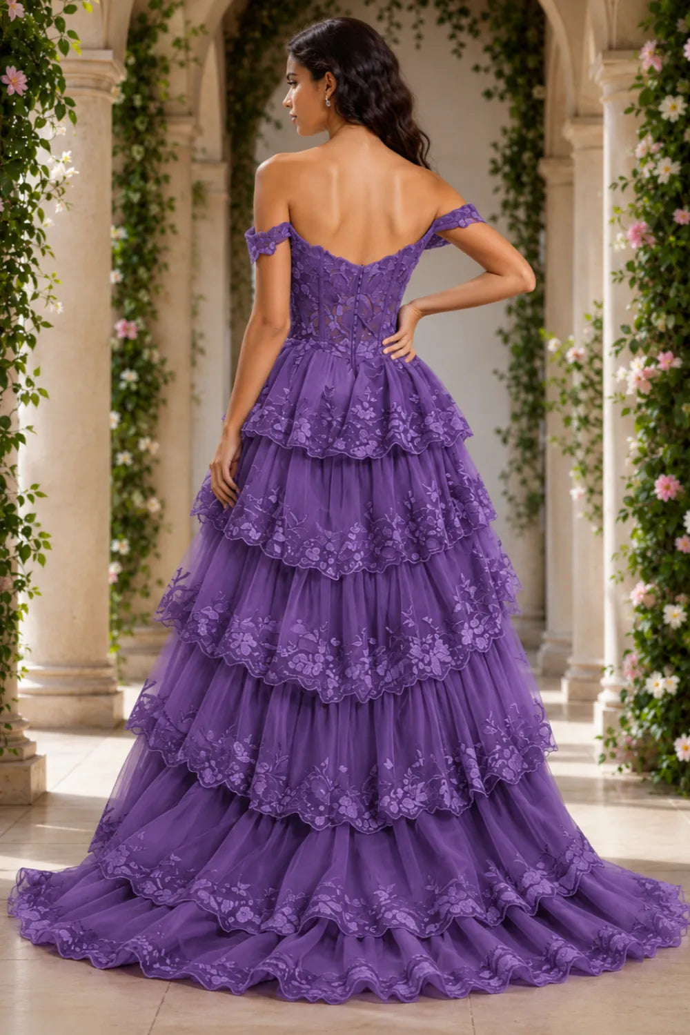 Off‑Shoulder Lace Corset Tiered Tulle Gown