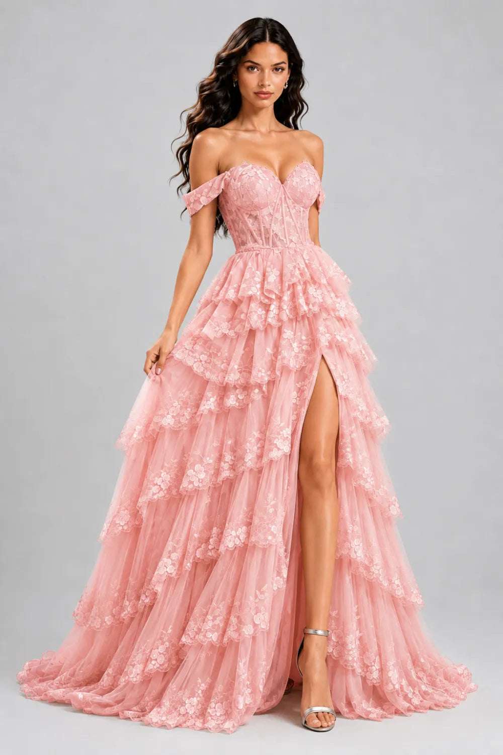Off‑Shoulder Lace Corset Tiered Tulle Gown