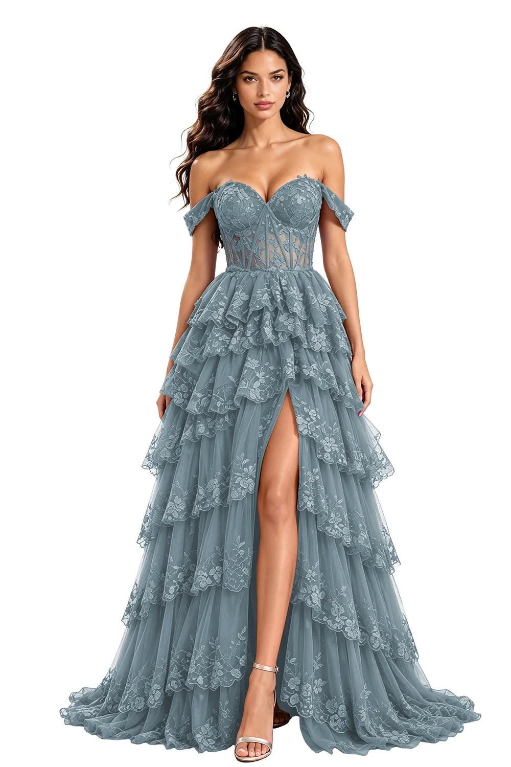 Off‑Shoulder Lace Corset Tiered Tulle Gown
