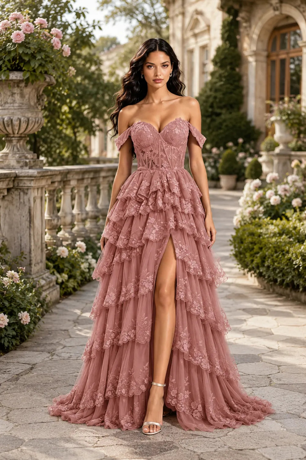 Off‑Shoulder Lace Corset Tiered Tulle Gown