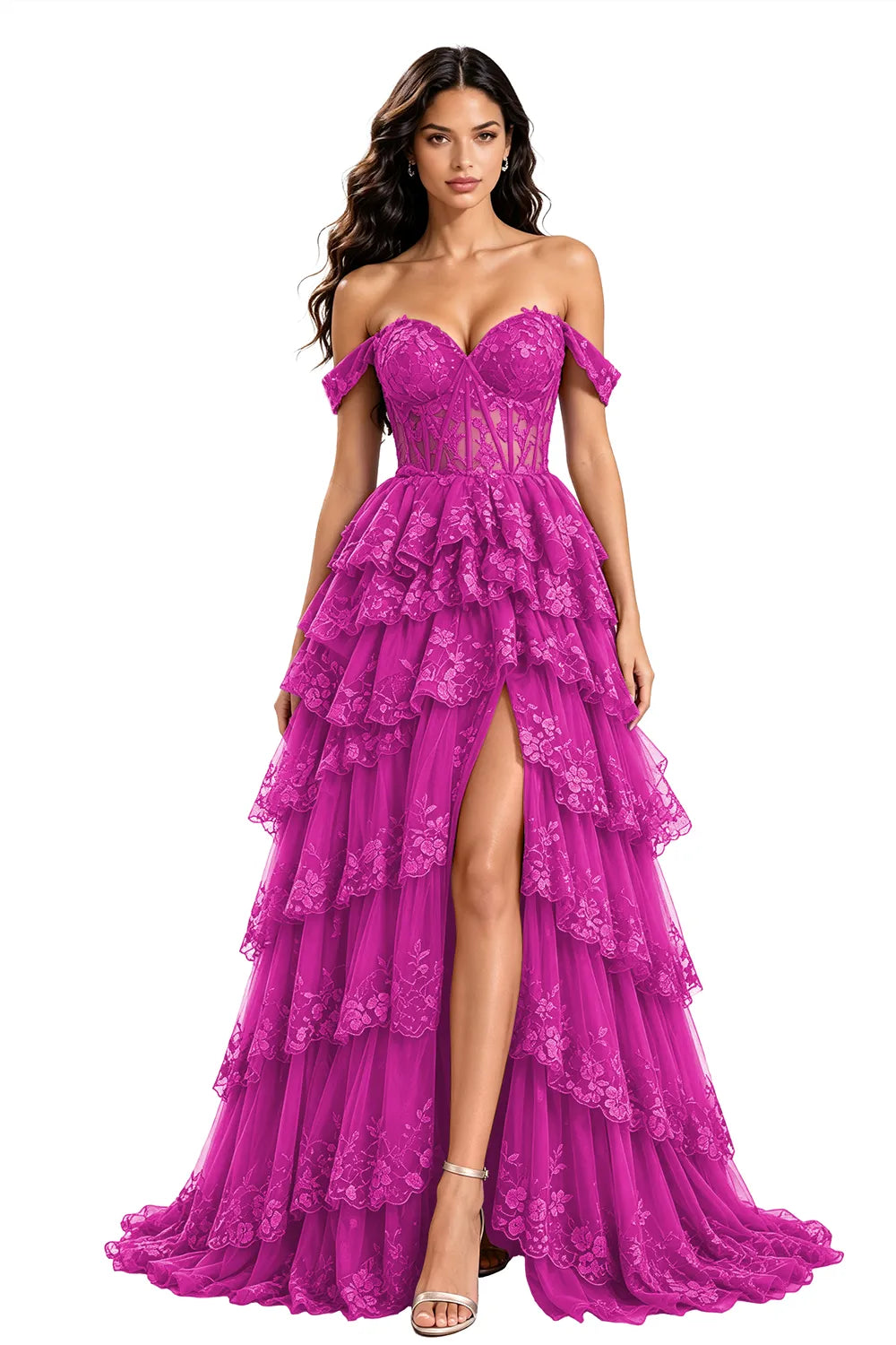 Off‑Shoulder Lace Corset Tiered Tulle Gown