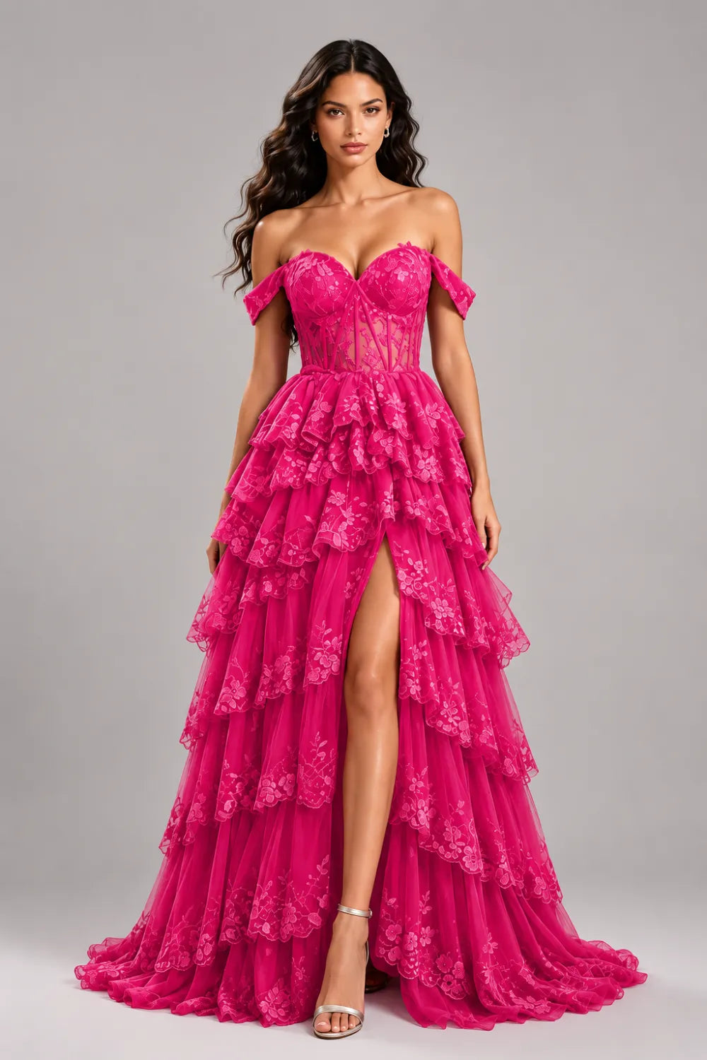 Off‑Shoulder Lace Corset Tiered Tulle Gown