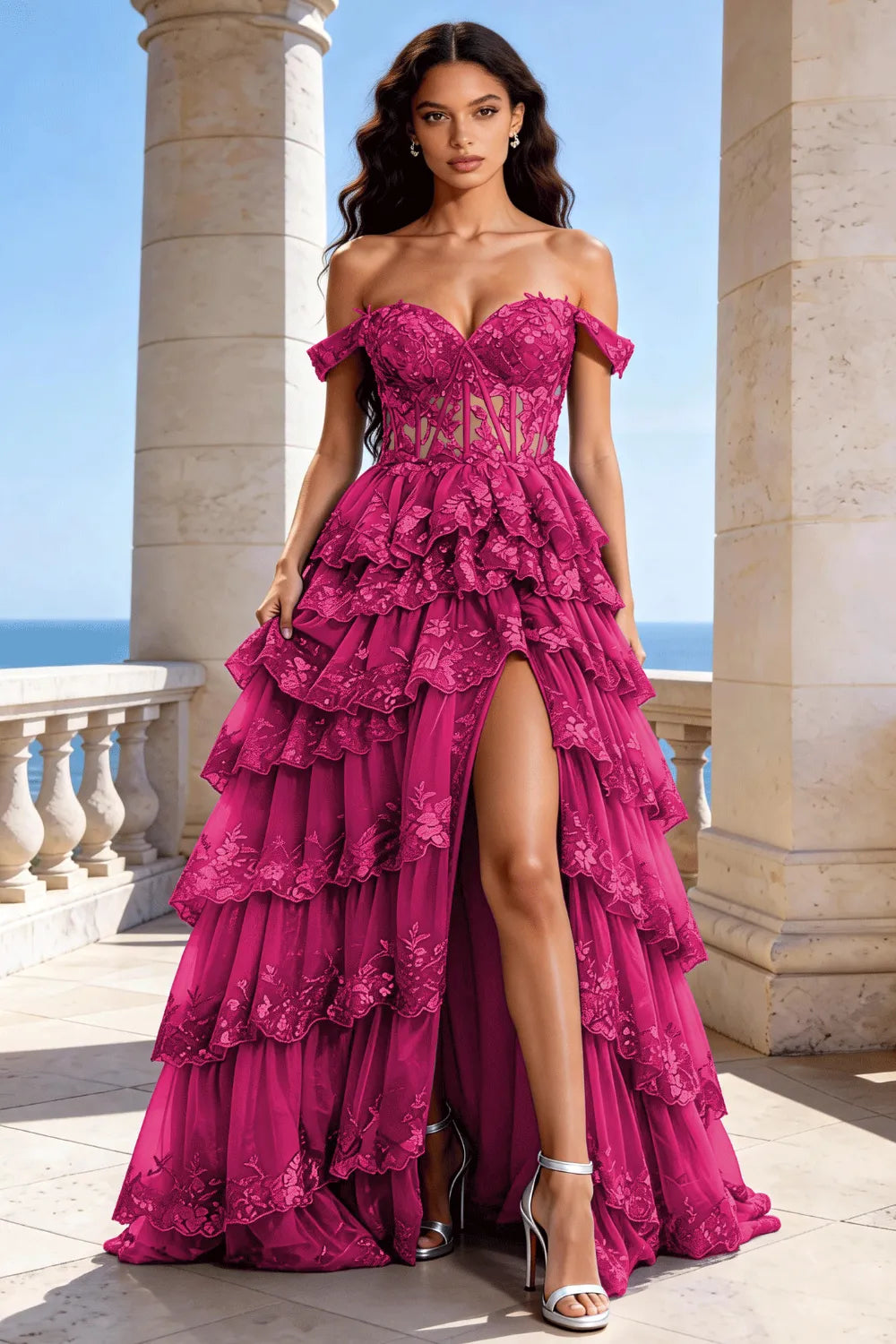Off‑Shoulder Lace Corset Tiered Tulle Gown