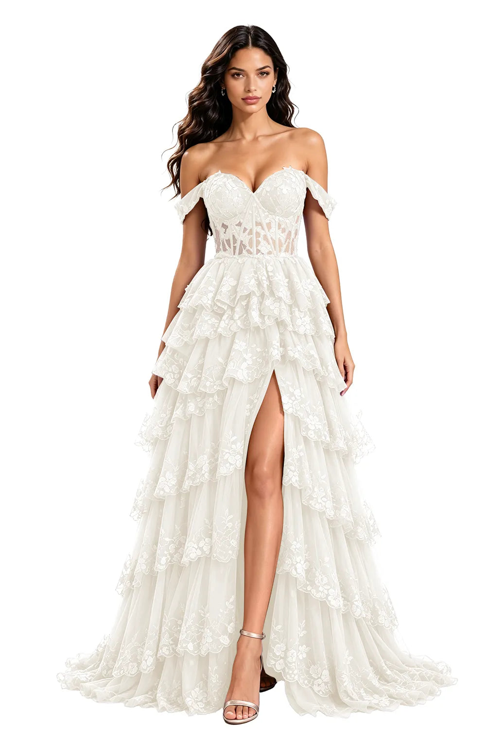 Off‑Shoulder Lace Corset Tiered Tulle Gown