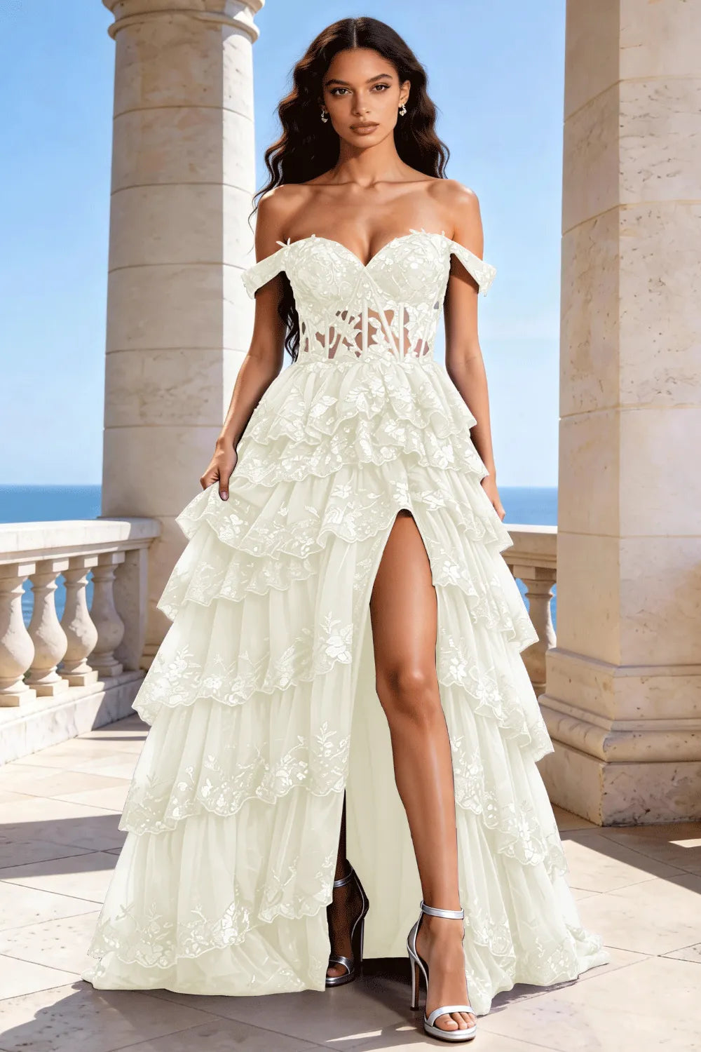Off‑Shoulder Lace Corset Tiered Tulle Gown