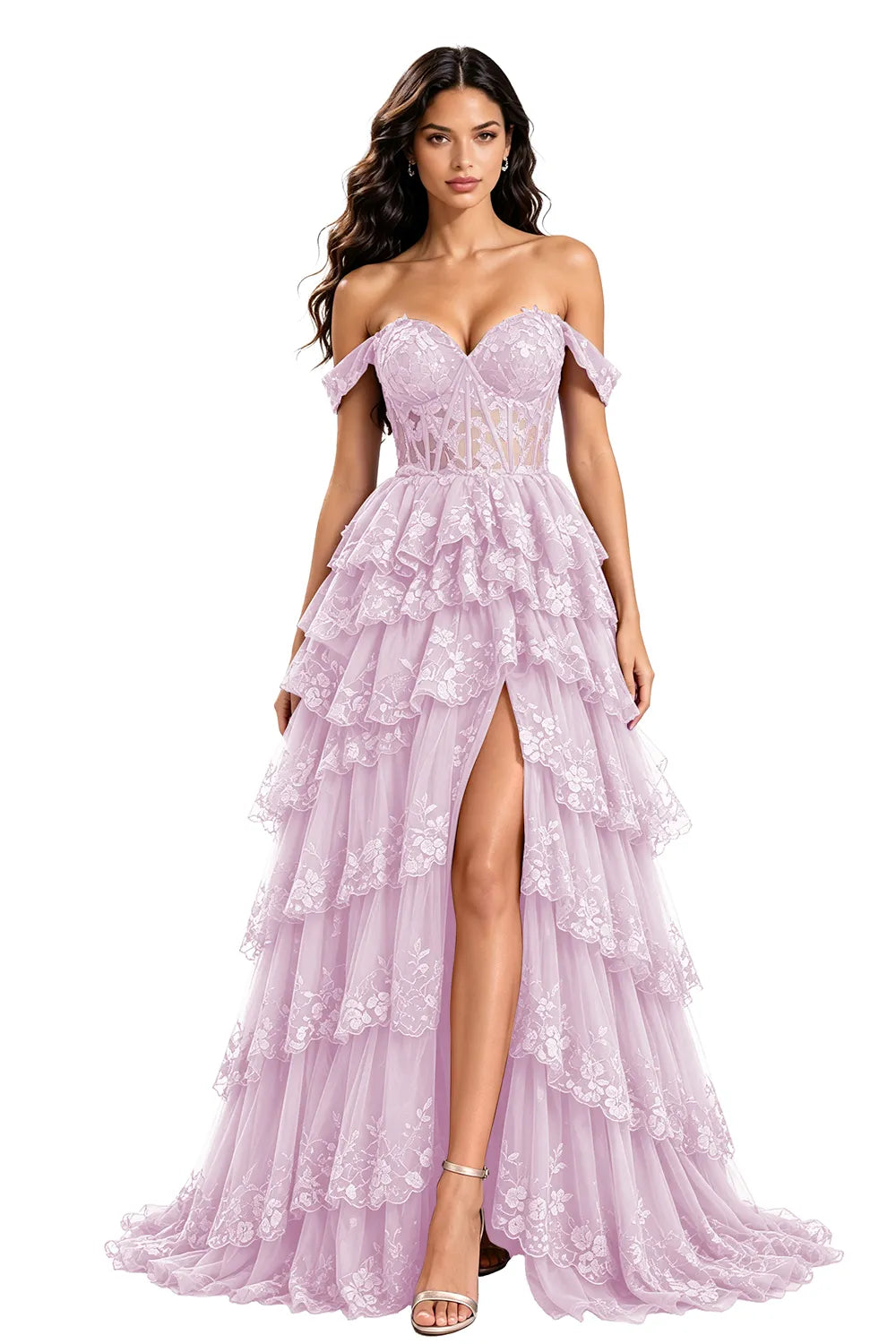 Off‑Shoulder Lace Corset Tiered Tulle Gown