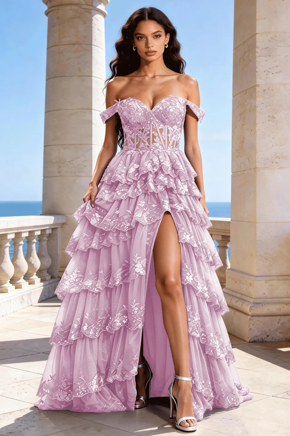 Off‑Shoulder Lace Corset Tiered Tulle Gown