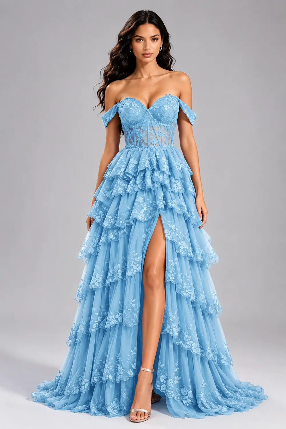 Off‑Shoulder Lace Corset Tiered Tulle Gown