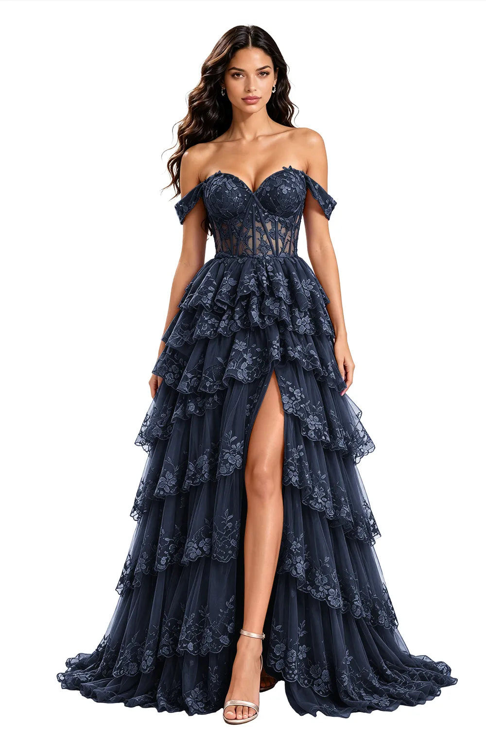 Off‑Shoulder Lace Corset Tiered Tulle Gown