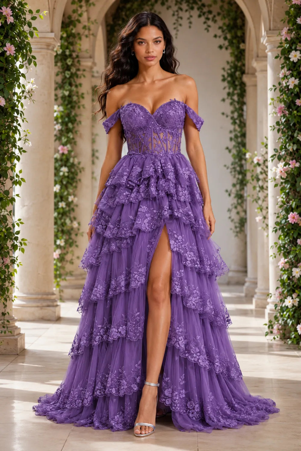 Off‑Shoulder Lace Corset Tiered Tulle Gown