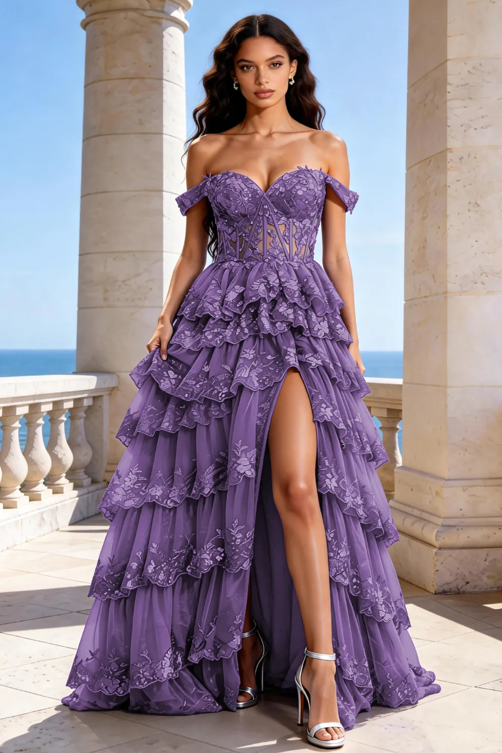 Off‑Shoulder Lace Corset Tiered Tulle Gown