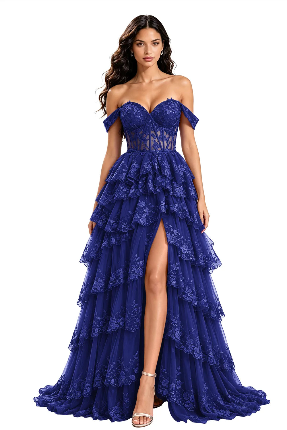 Off‑Shoulder Lace Corset Tiered Tulle Gown