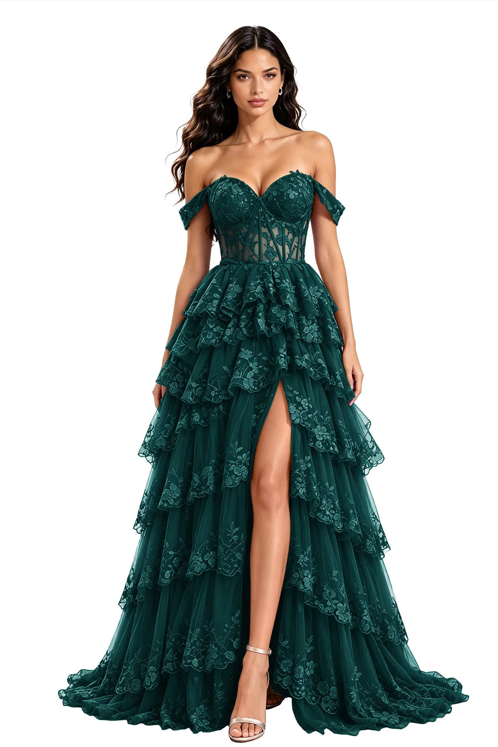 Off‑Shoulder Lace Corset Tiered Tulle Gown