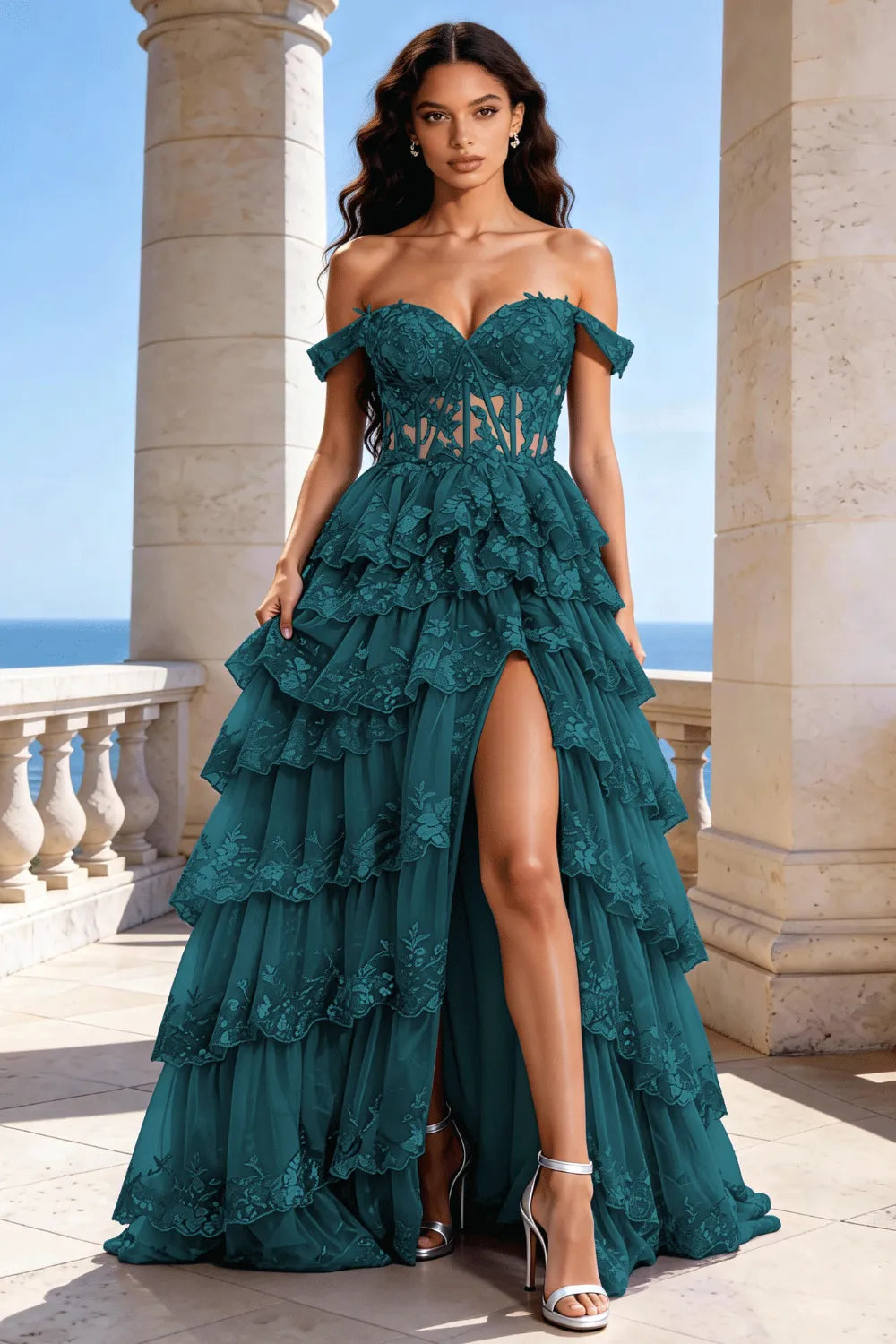 Off‑Shoulder Lace Corset Tiered Tulle Gown