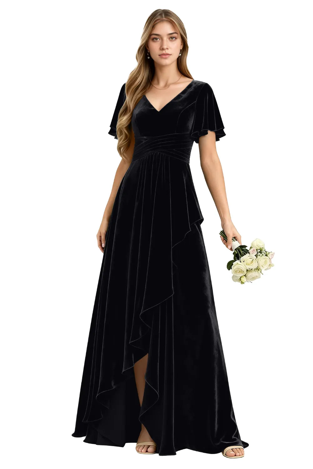 Elegant Velvet Evening Gown with Lace-Up Back