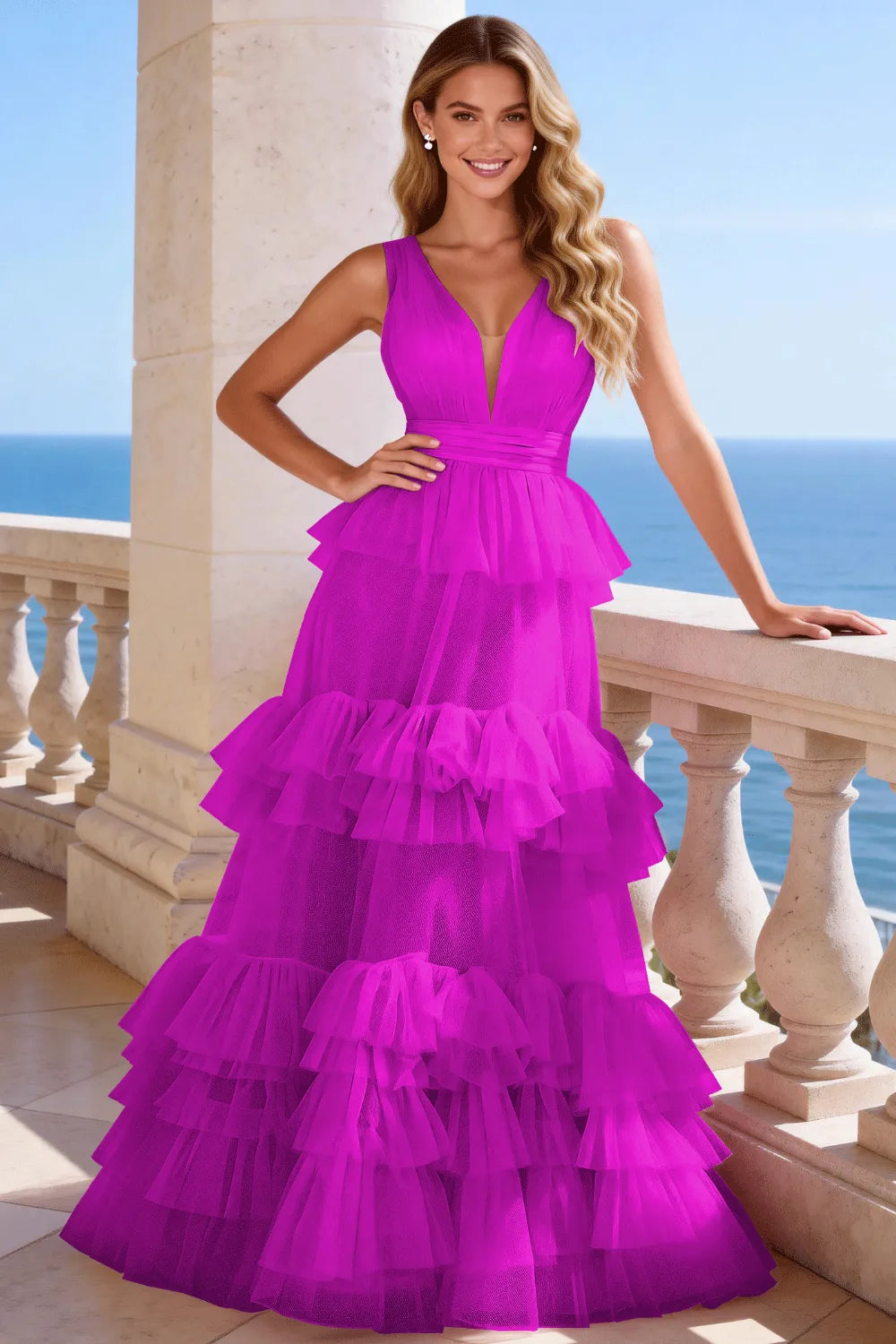 Tiered Tulle Ruffle V‑Neck Evening Gown