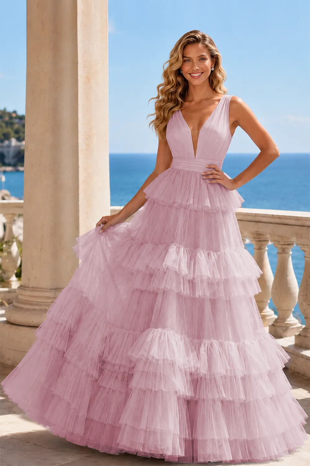 Tiered Tulle Ruffle V‑Neck Evening Gown