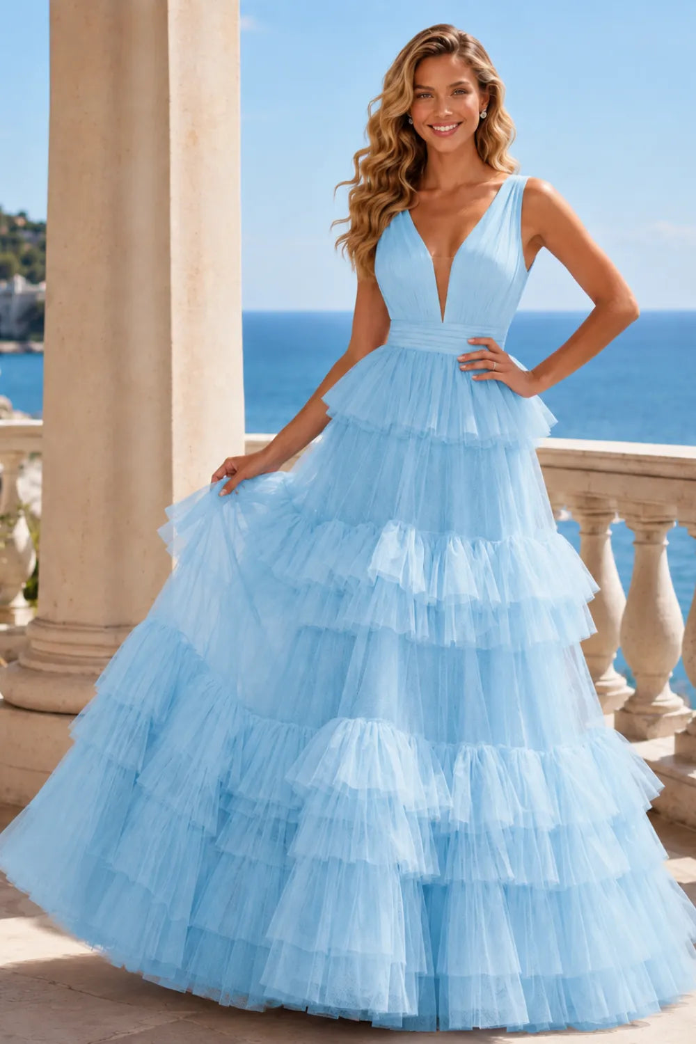 Tiered Tulle Ruffle V‑Neck Evening Gown