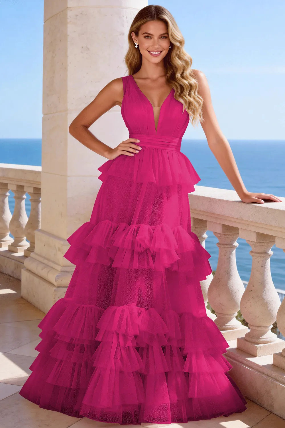 Tiered Tulle Ruffle V‑Neck Evening Gown