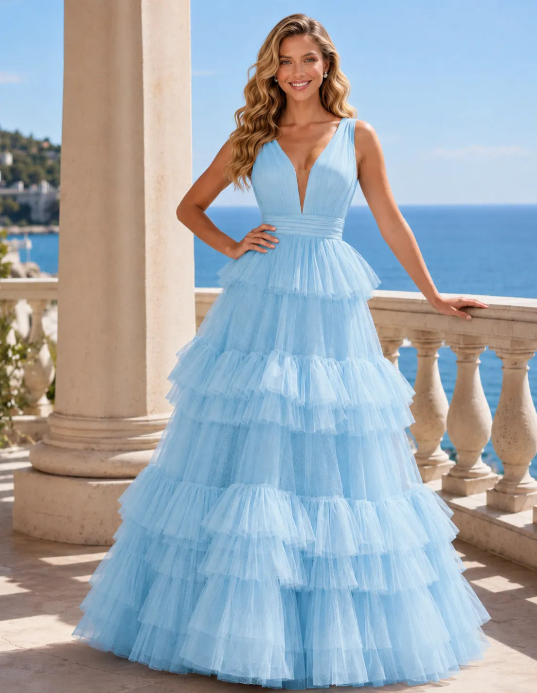 Tiered Tulle Ruffle V‑Neck Evening Gown