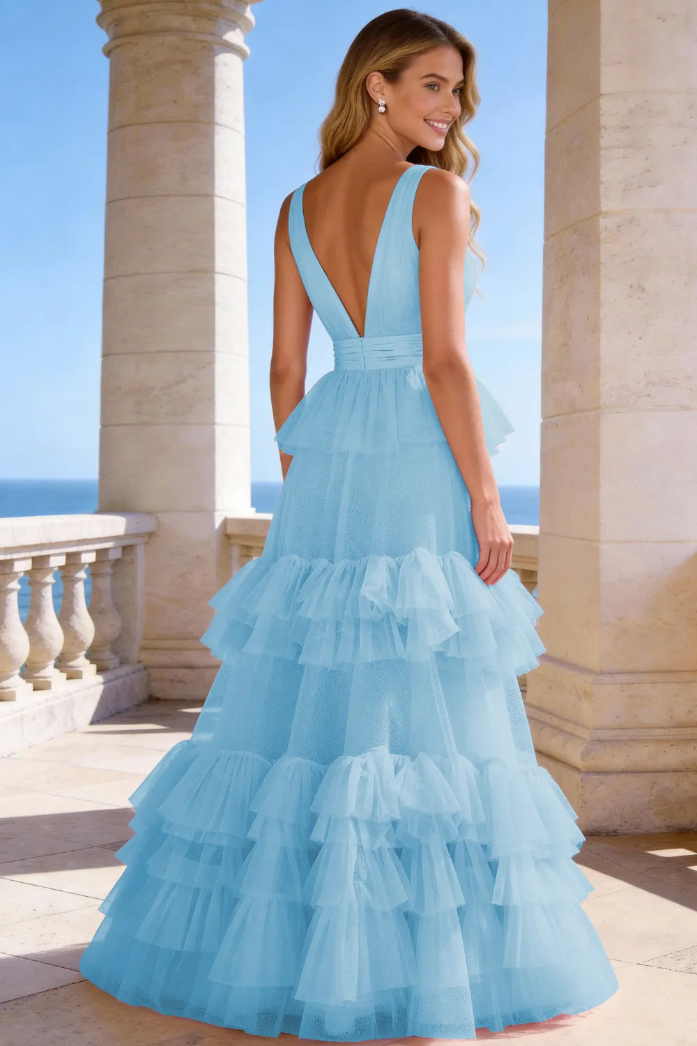 Tiered Tulle Ruffle V‑Neck Evening Gown