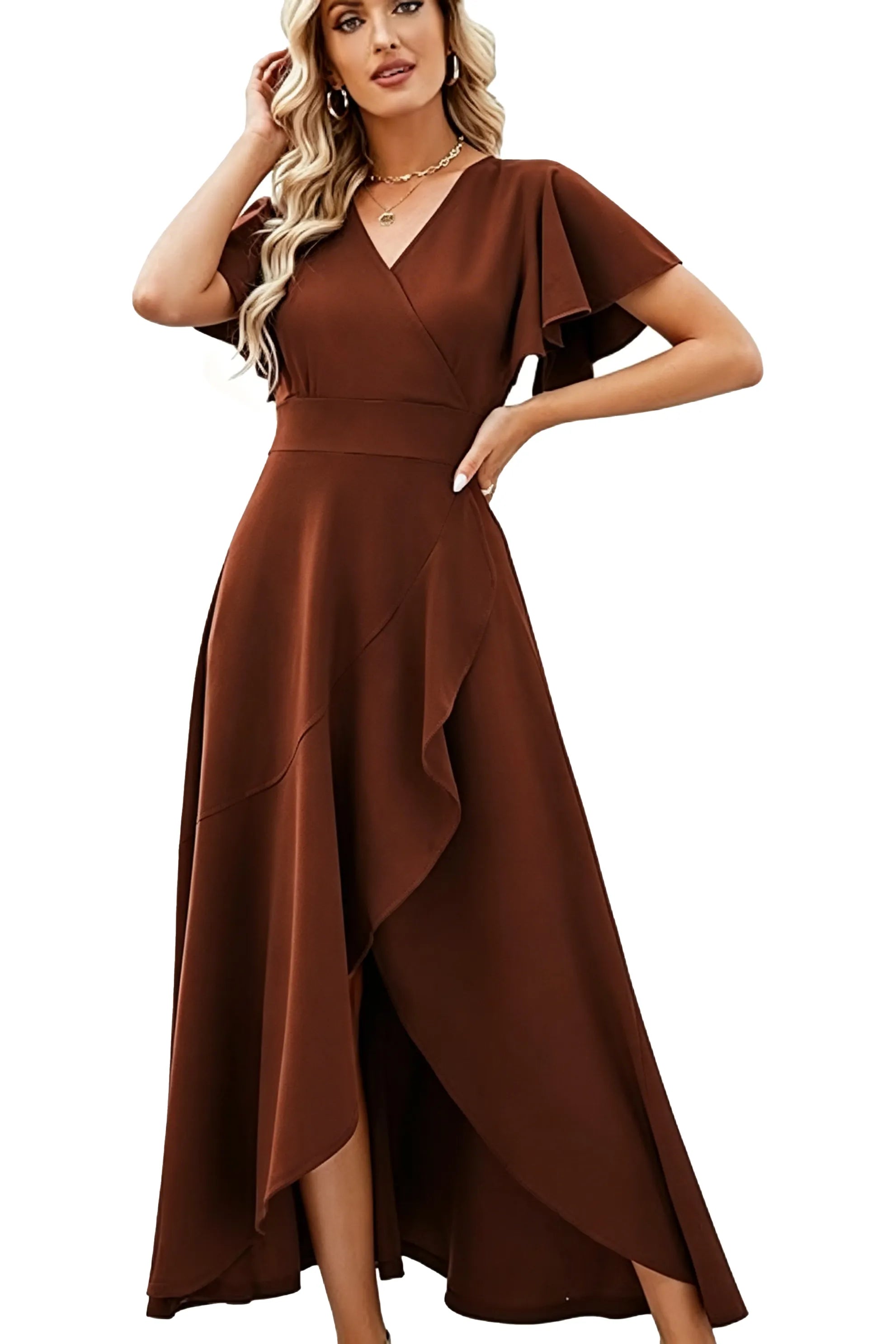 Elegant Flutter Sleeve High-Low Midi Dress