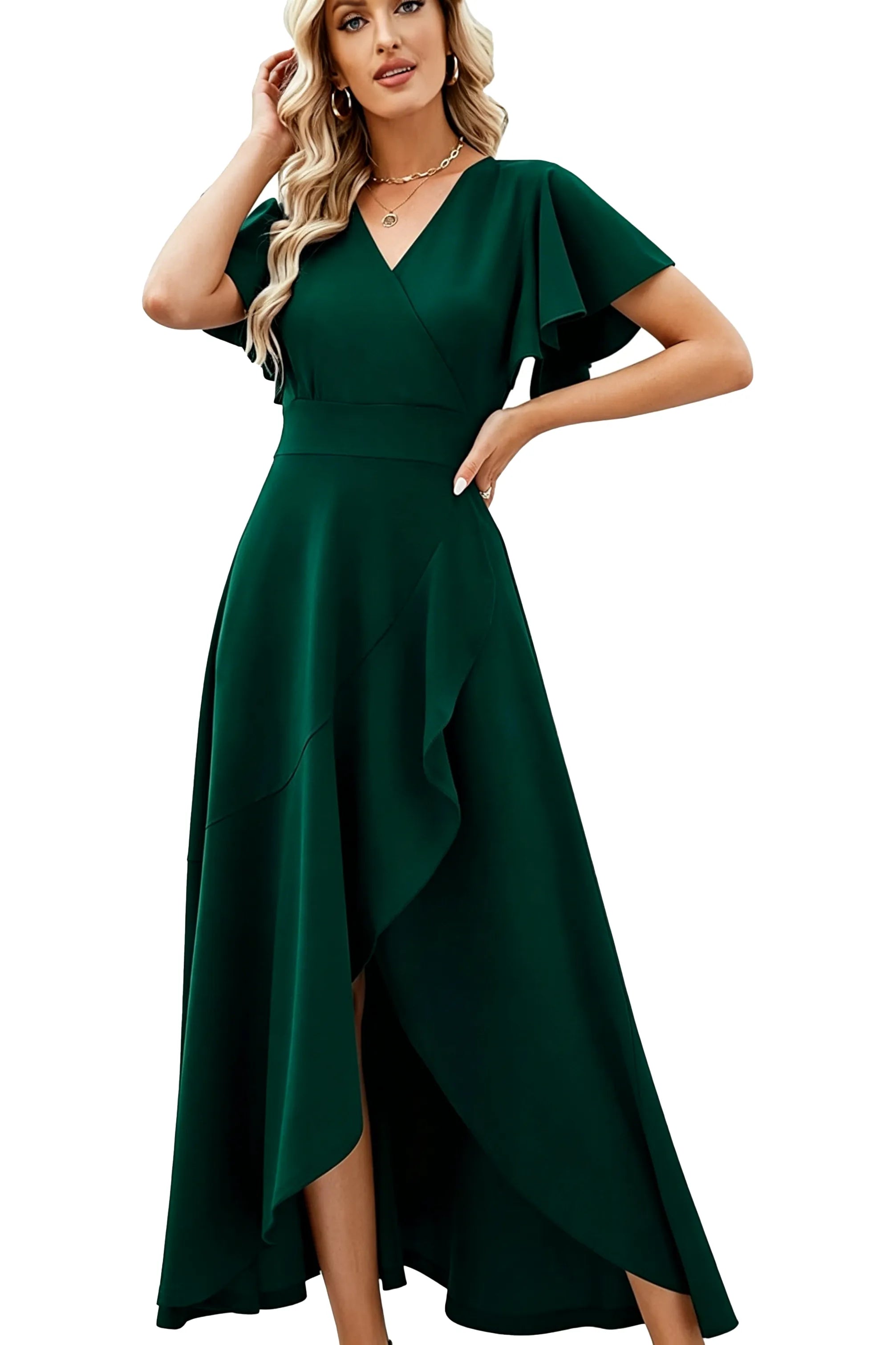 Elegant Flutter Sleeve High-Low Midi Dress