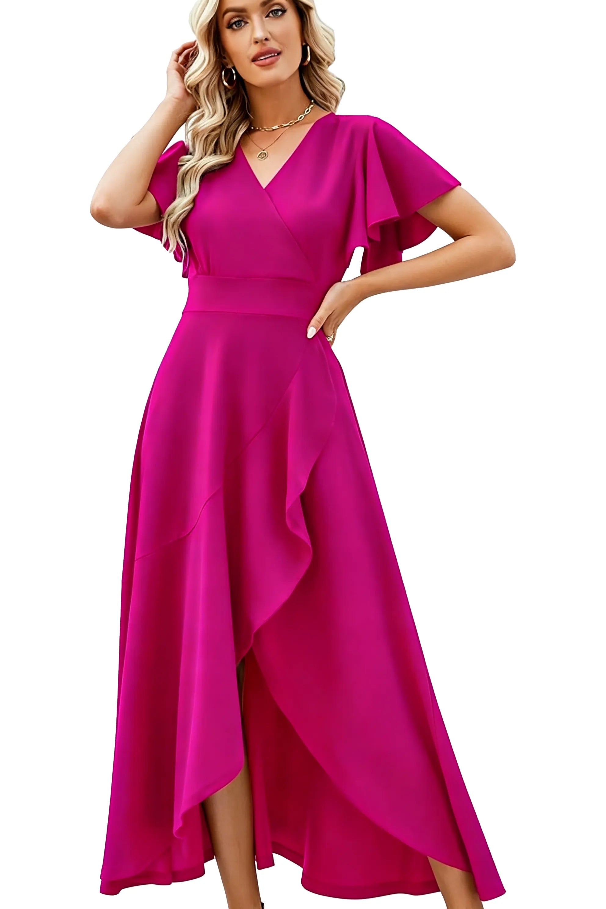 Elegant Flutter Sleeve High-Low Midi Dress