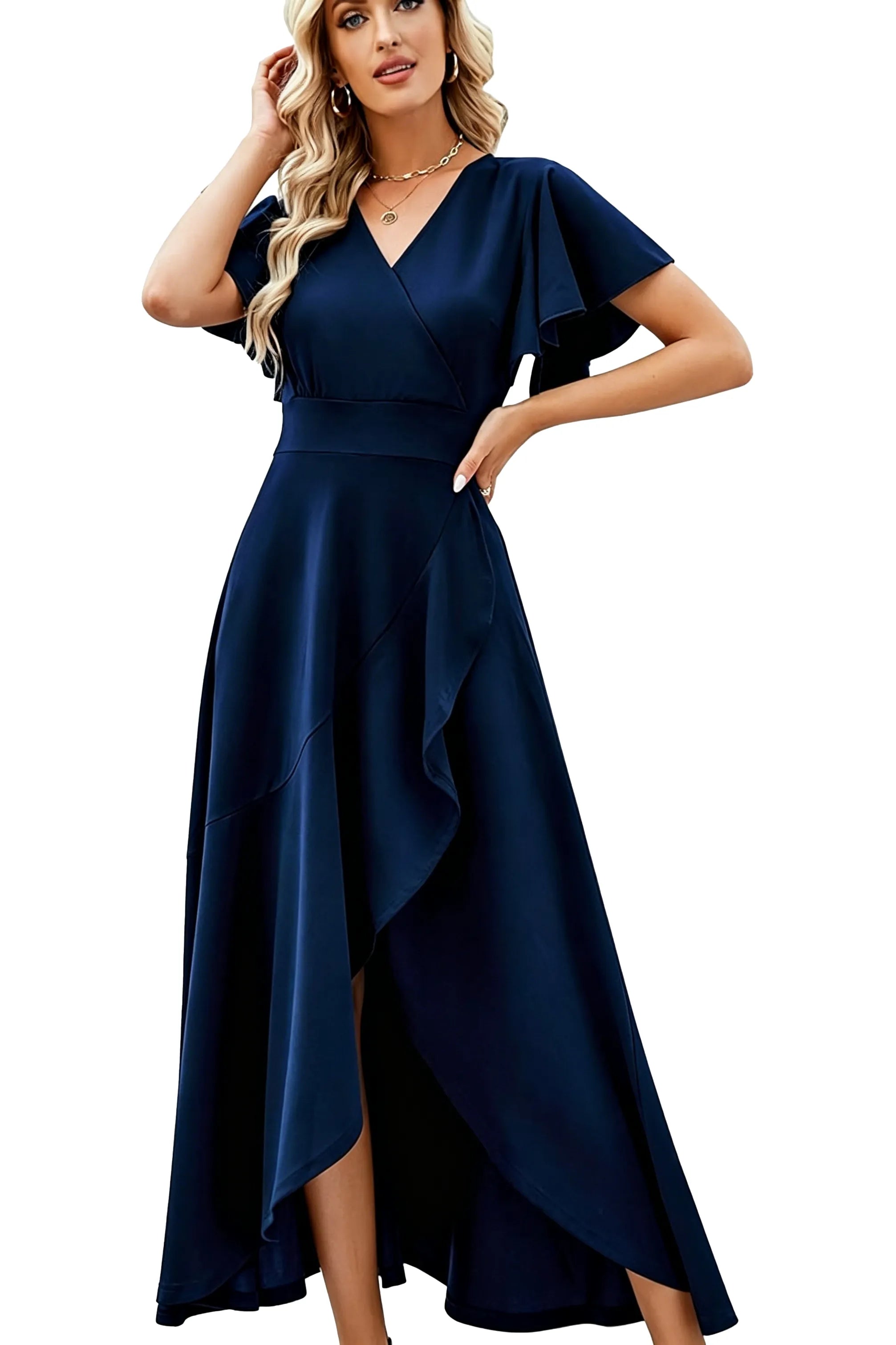 Elegant Flutter Sleeve High-Low Midi Dress