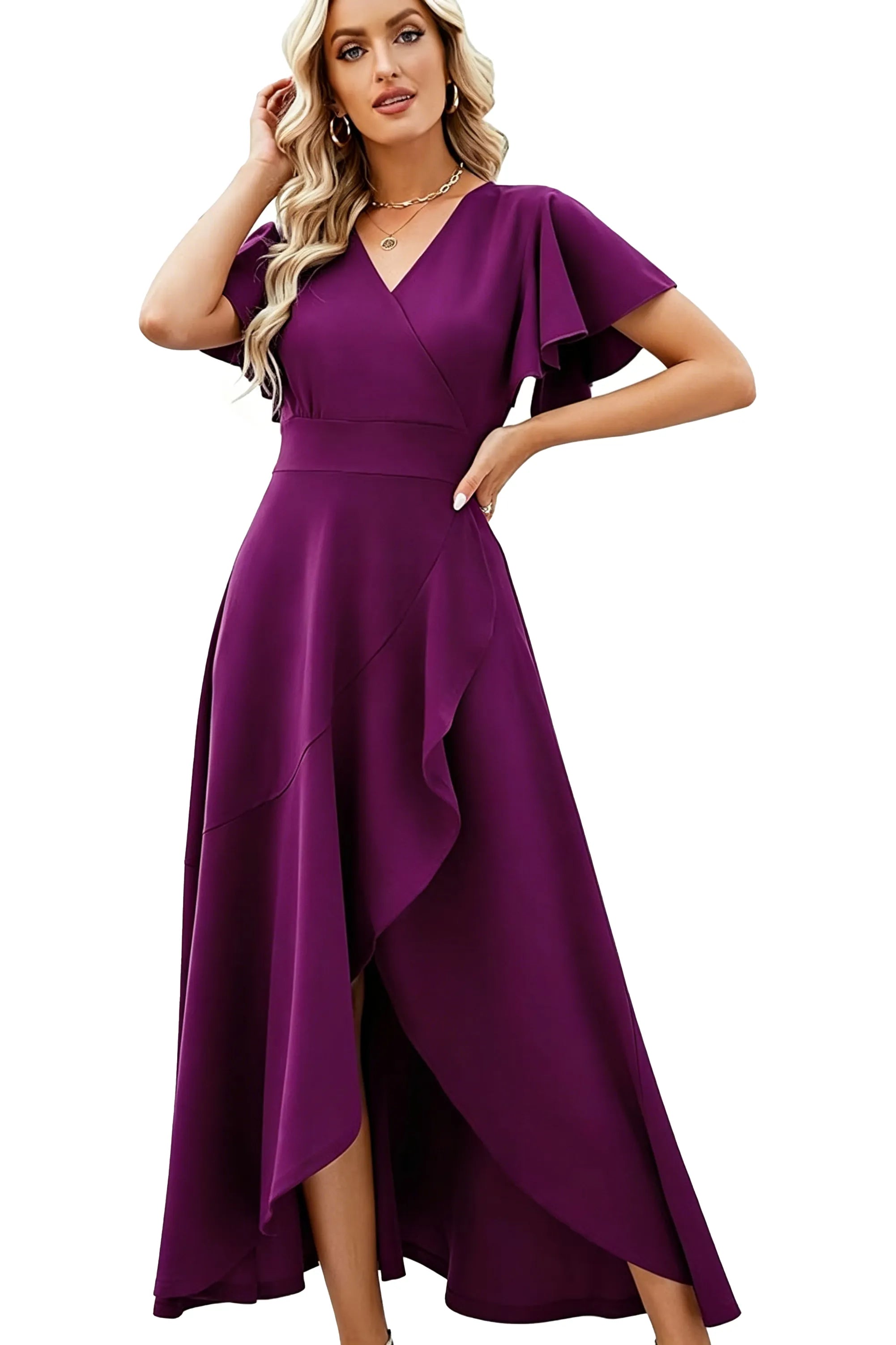 Elegant Flutter Sleeve High-Low Midi Dress