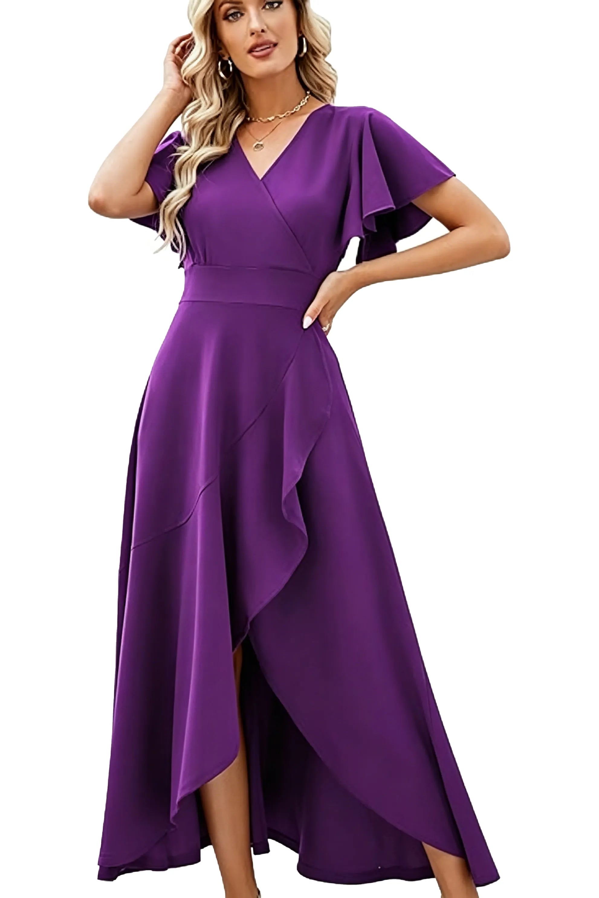 Elegant Flutter Sleeve High-Low Midi Dress