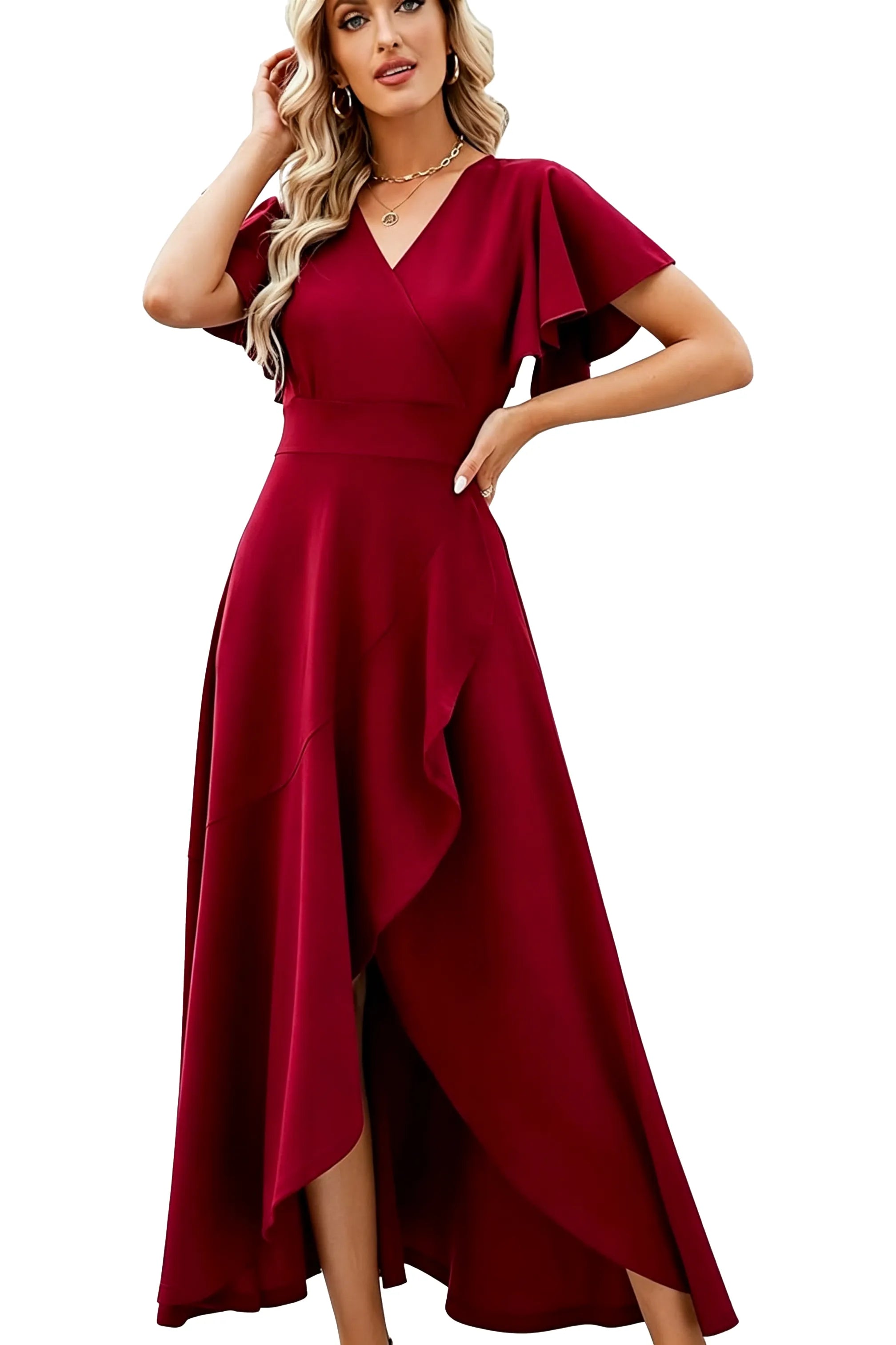 Elegant Flutter Sleeve High-Low Midi Dress