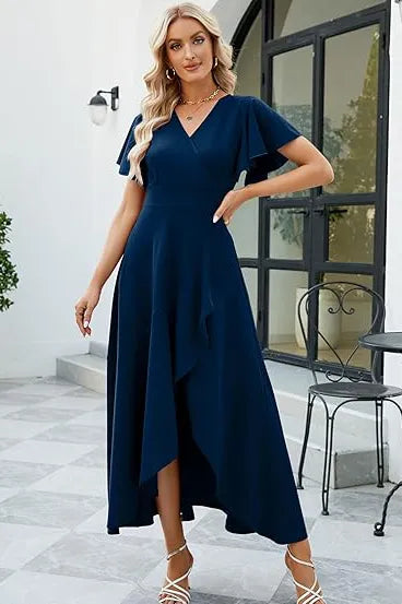 Elegant Flutter Sleeve High-Low Midi Dress