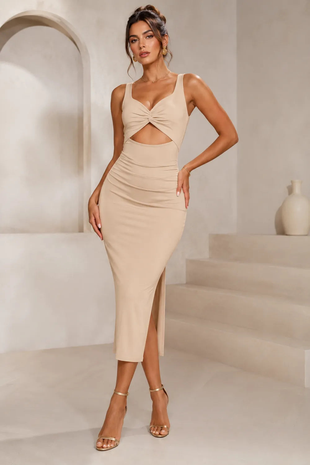 Fitted Formal Midi Dress with Side Slit Detail