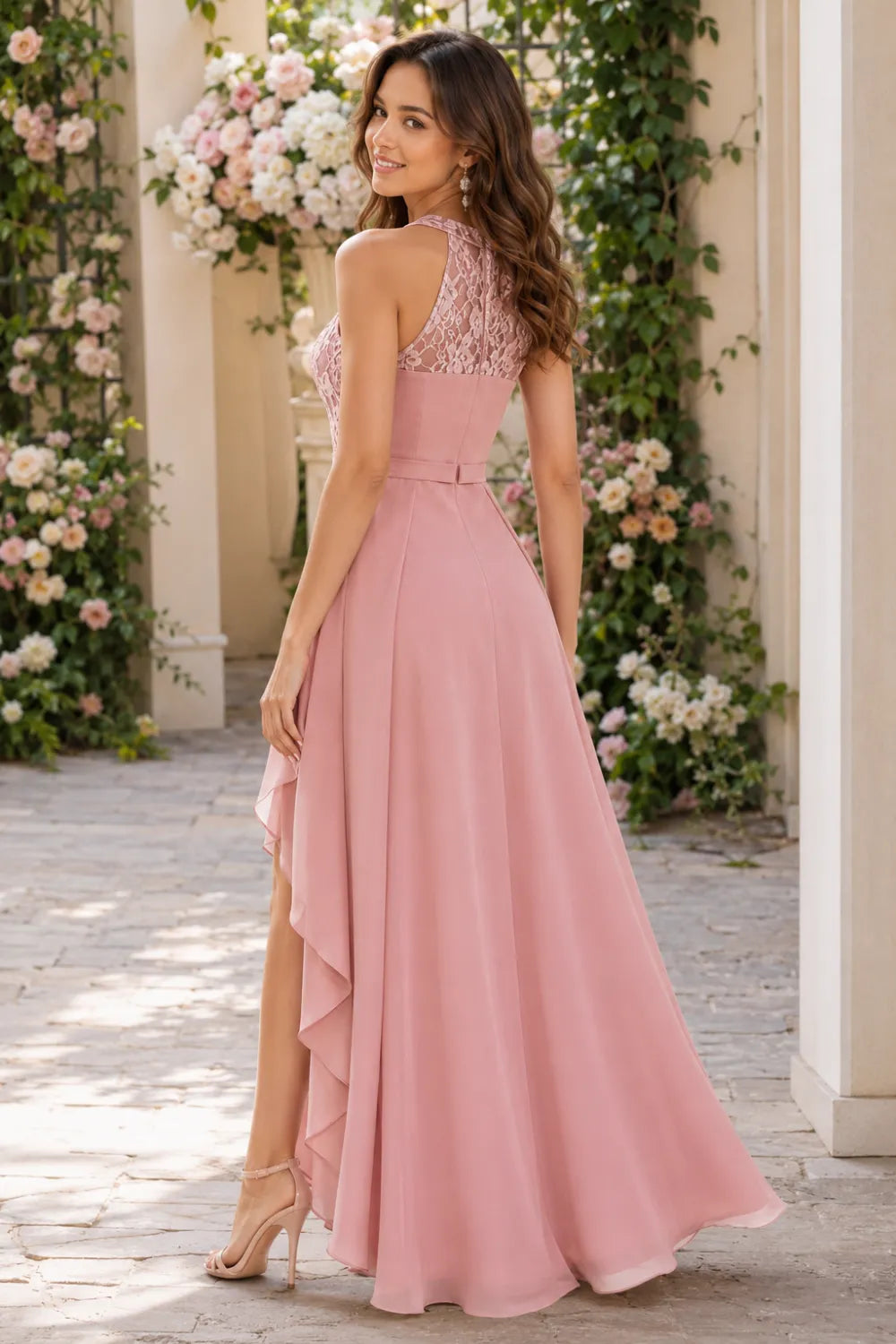 Lace Bodice High Low Wedding Guest Dress