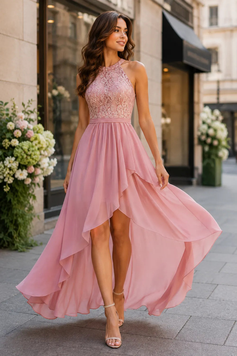 Lace Bodice High Low Wedding Guest Dress