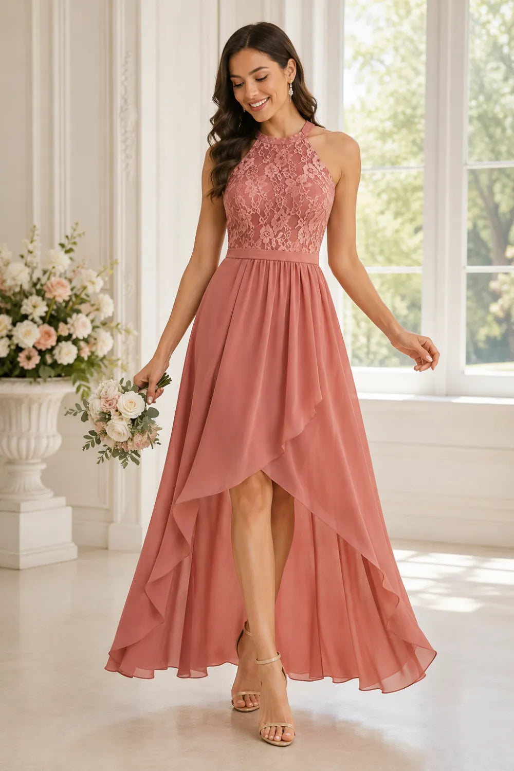 Lace Bodice High Low Wedding Guest Dress