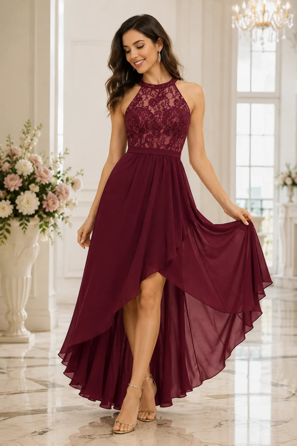 Lace Bodice High Low Wedding Guest Dress