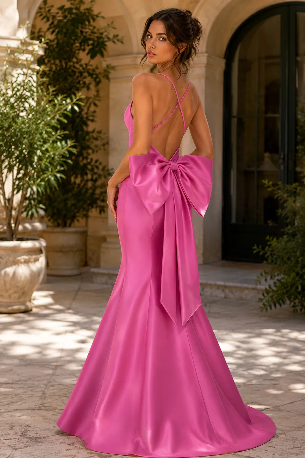 Bow Back Satin Mermaid Gown