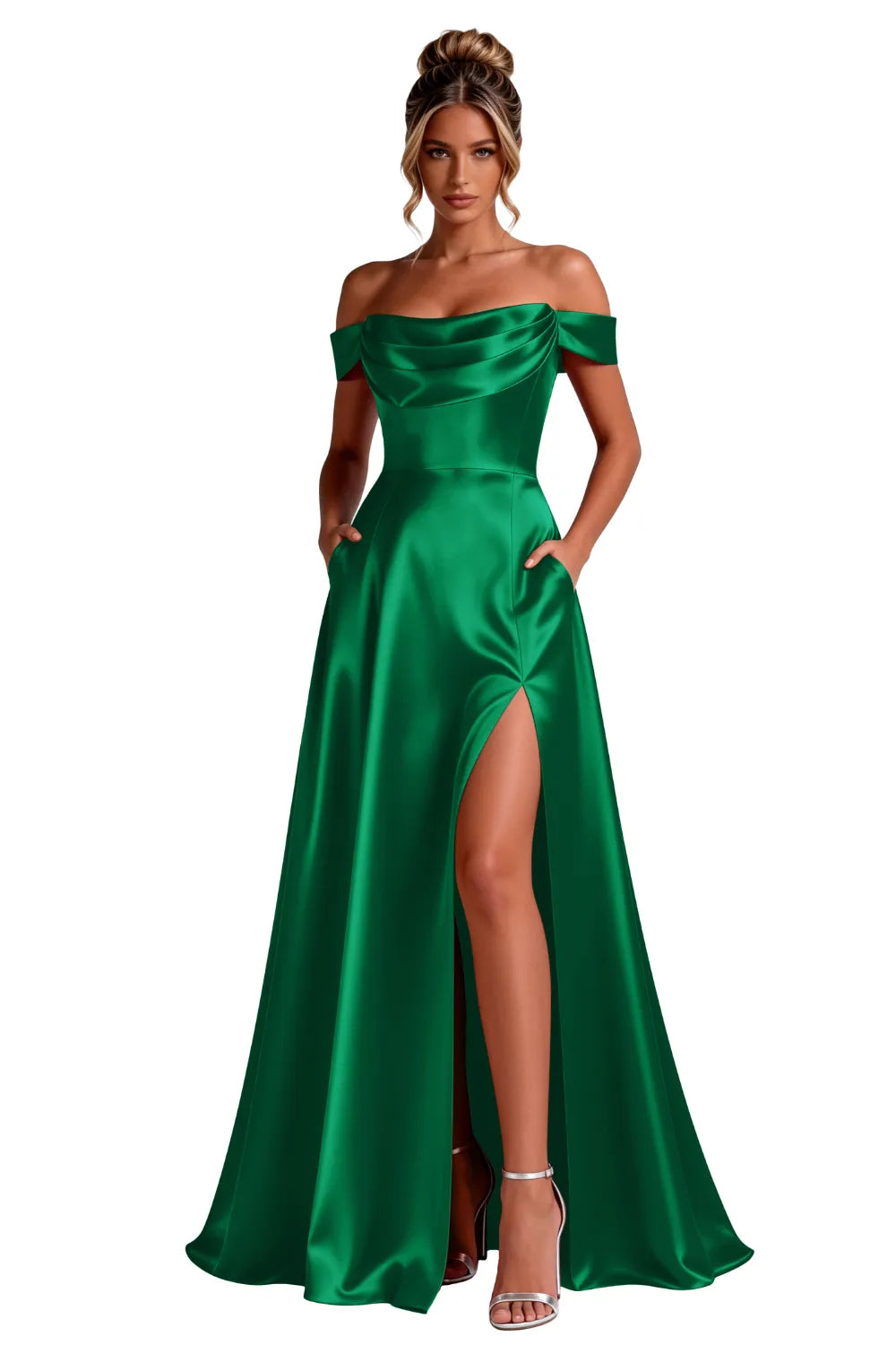 Off-Shoulder Satin A-Line Evening Gown with Slit