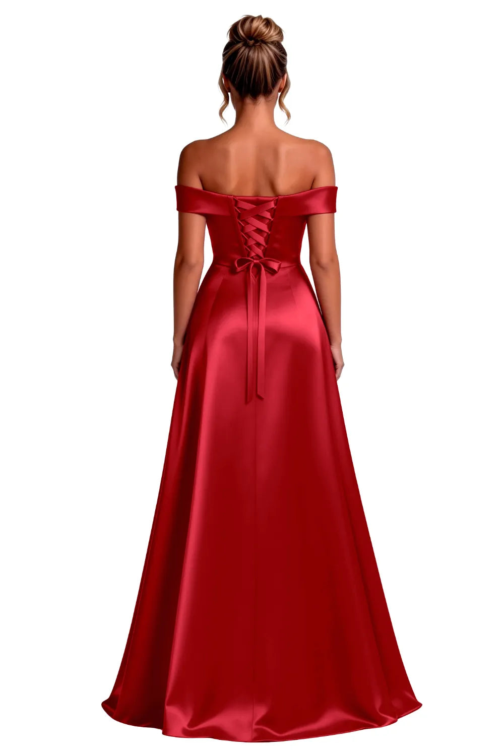 Off-Shoulder Satin A-Line Evening Gown with Slit