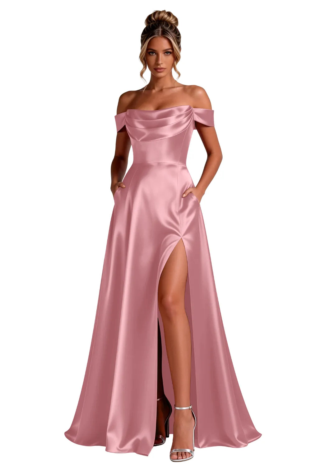 Off-Shoulder Satin A-Line Evening Gown with Slit