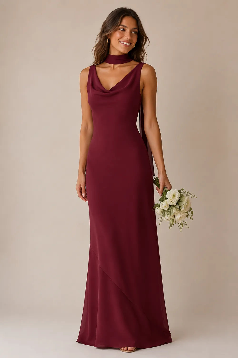 Graceful Scarf Detail Formal Evening Dress