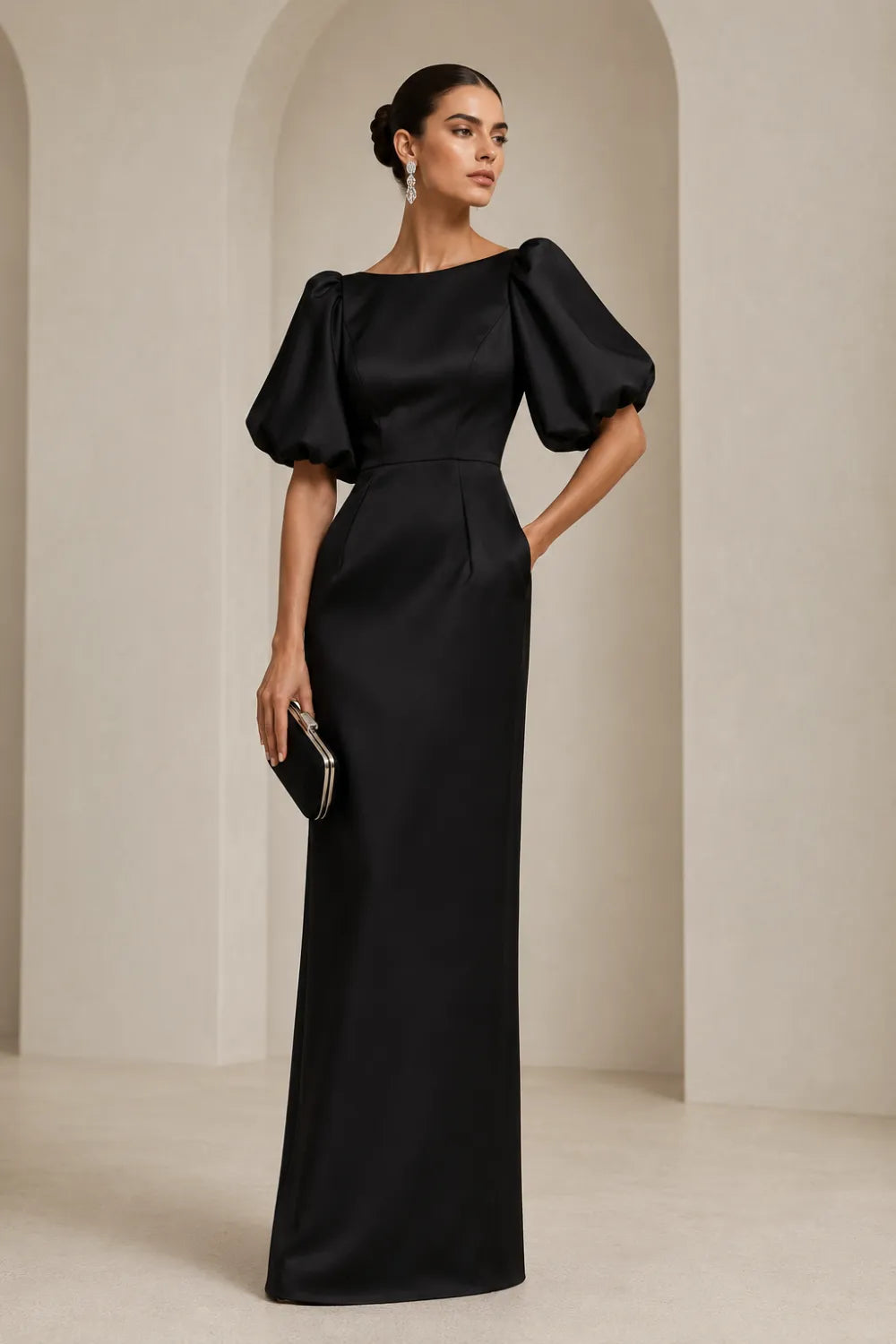Amara Balloon Sleeve Satin Maxi Gown